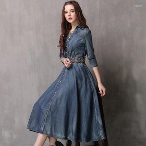 Vestidos de festa Cintos vintage Denim Denim Denim Spring Mulheres Sexy V-G-Golafosa Halva Manga Jeans Alta Jeans Lady Casual Wiggle Midi