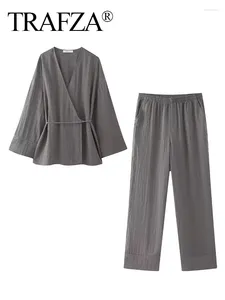 Women's Two Piece Pants TRAFZA Elegant Women 2 Set Casual Pocket Elastic Waist Wide Leg Pant Kimono Style V-Neck Asymmetric Laced Up Blouse