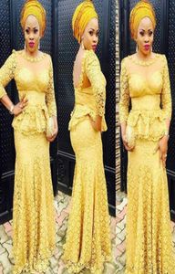 Yellow Lace Evening Dresses 2022 Illusion Bodice Aso Ebi Style Long Party Prom Gowns Lace Appliques 34 Long Sleeve Mermaid Sheer 9795369