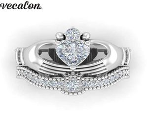 Anéis de casamento Vecalon Luxury Lovers Claddagh Ring 1CT 5A Banda de noivado preenchida com ouro branco CZ CZ