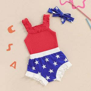 Kläder set baby flickor 4 juli kläder kort ärm romper stjärna shorts pannband set födda kläder