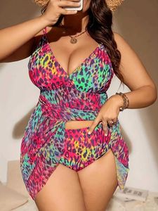 Women's Swimwear Tankini Womens Leopard Print Plus Size Swimsuit 2024 Sexy Backless Two Piece Swimwear Beachwear Transparent Skirt Bathing Suit