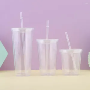 Vattenflaskor 350/450/650 ml Clear Tumbler med sugrör återanvändbar transparent dubbelskiktsflaska för kaffemjölk DIY Smoothie Cup Drinkware