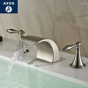 Bathroom Sink Faucets Azos Split FaucetWaterfall Waterfall Brass Nickel Brushed Cold And Switch Shower Room Basin El Double Handle Three