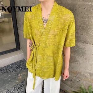 Koszulki męskie Noymei Summer Chinese Style pusta kwiat Seksowy przezroczysty koszula 2024 Zielony mężczyzna Top w VA4388