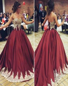 Bourgogne Red Ball Gown Quinceanera Dresses Sweetheart Appliques Lace Satin Corset Backless Vintage Prom Dresses Sweet 16 Gowns1631726