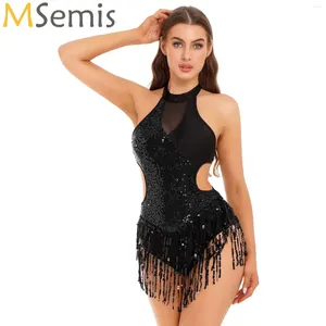 Stage Wear Womens Latin Dance Leotard Dress Sequins Fringed Bodysuit Ballroom Competition Tango Cha Rumba Dancewear Performance Costume