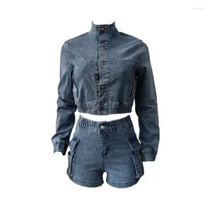 Kvinnors träningsdräkter Benuynffy Single Breasted Long Sleeve Croped Denim Jacka Women Y2K Streetwear Elastic Midje Cargo Jean Shorts 2 Piece