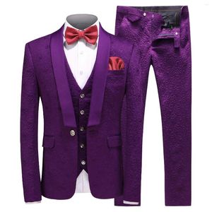 Men's Suits Jacquard Suit Shawl Lapel One Button Tuxedo Jacket Tux Vest & Trousers