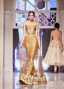 Elie Saab Gold Dresses Evening Wear Sequined Mermaid Sheer Jewel Neckline Party prom Gowns 3D floral Floor Length Formal Dress6960624