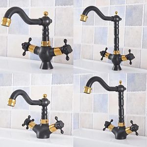 Bathroom Sink Faucets Black & Gold Brass Kitchen Faucet Double Cross Handle 360°Swivel Spout Basin Mixer Taps Deck Mounted