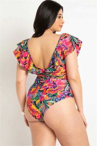 Women's Swimwear SEAURAL 2024 New Sexy Ruffle Print Floral One Piece Plus Size Swimwear Women Lace Up Slimming Swimsuit Deep-V Bathing Suit