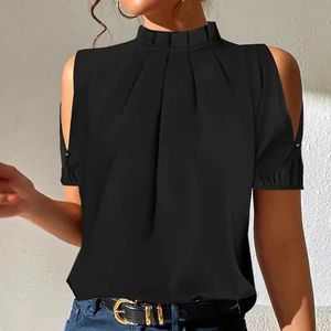 Women's Blouses Shirts Fashion shoulder black office womens top and shirt 2023 summer casual short sleeved top and womens shirtL2405