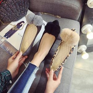 Casual Shoes Hair Ball Woman Leopard Soft Bottom Comfy Flats Pointy Toe Grunt Single Moccasins 42 43 Ladies Cozy Flock Loafers