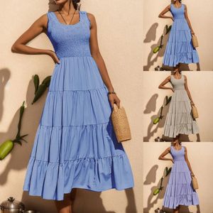 Casual Dresses Summer Women Boho Beach Solid Color Dress Fashion Vintage Sleeveless Long Elegant Loose A Line Ruched