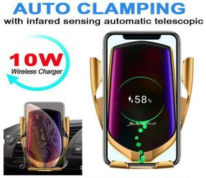 R1 Automatisk klämma 10W Wireless Charger Car Holder Smart Infrared Sensor Qi GPS Air Vent Mount Mobile Phone Bracket Stand9304029