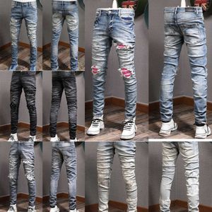 Patches Detalhe Biker Fit Jeans Men Slim Motrocycle para homens Vintage Denim Jean Pants O3D1
