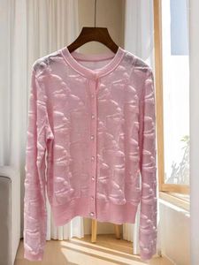 Women's Knits Spring 2024 Women Pink Jacquard Knit Cardigan Mohair Wool Blends Temperament Jumper Female O-Neck Single Breasted Sweater Coat