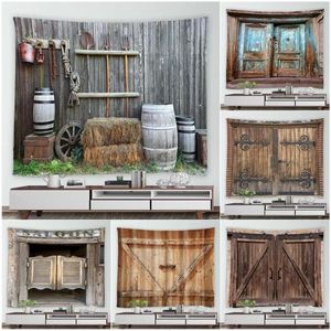 Tapestries Vintage Farm Wooden Door Tapestry 3D Retro Western Old Barn Gray Wood Board Home Garden Dorm Wall Hanging Decor Brown