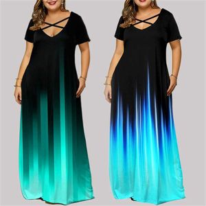 Vestidos casuais básicos femininos elegantes gradiente de tamanho longo bolso de pocket vegetão curto de mangas curtas de decote em v alerta feminina de camiseta feminina