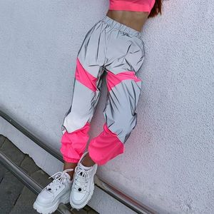 Omsj sonbahar kış gevşek yüksek bel flaş yansıtıcı patchwork jogger pantolon 2024 kadın neon sokak kıyafetleri kargo pantolonları 240424