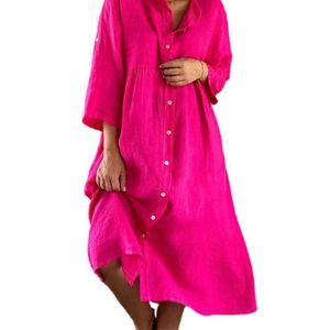 Vestidos casuais básicos cor sólida estilo simples vestido de linho de algodão confortável mulheres de peito de peito simples vestidos femininos diários femininos 24 y240429