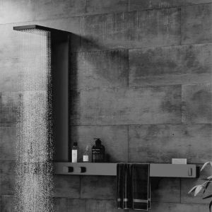 Super Luxury Storage Rack Towel Bar Wall-mounted Thermostatic Shower System Integrate Panel Gun Grey Rain shower head