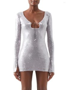 Casual Dresses Women Sequin Long Sleeve Mini Cutout Drawstrings Short Dress Cocktail Party Club Going Out