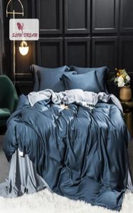 Slowdream Pure Blue Grey 100 Silk Bedding Set Beauty Healtht King Silky Quilt Cover Pillwocase Flat Sheet eller Fitted Sheet9649011