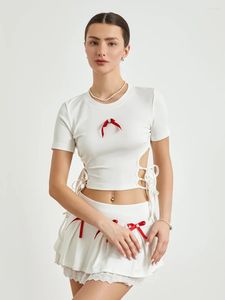 女性のTシャツ女性Sサマー2ピース服をかわいい弓包帯カットアウトクロップシャツエラスティックミニスカートセットY2Kストリートウェア