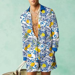 2023 män mode långärmad skjorta set hawaiian sommar casual strandkläder semester slitage 3d blommor tryck 2 stycken toppar byxor 240422