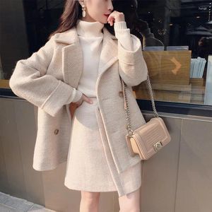 Work Dresses Beige Coat Skirt Set Herringbone Pattern Woolen Fabric Professional Autumn Women's Jacket Business Ladies 2 Piece Suit