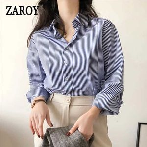 Women's Polos PLAZSON Classic Striped Woman Spring Autumn Blouses Shirt Womens Long Lantern Sleeves Stand up Neck Loose Blusas TopL2405