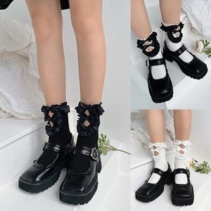 Women Socks Ruffle Hollow Out Bow Patchwork Cotton Hosiery