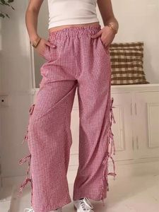 Pantaloni da donna Donne Y2K stampa a quadri cravatta lungo gamba larga gamba alta gingham pantaloni