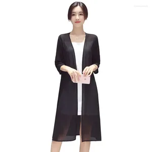 Women's Knits 2024 Summer Women Long Chiffon Split Cardigan Solid Casual Three Quarter Sleeve Black Blue White Fashion Thin