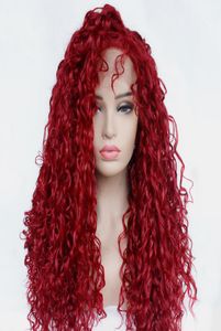 Czerwone kręcone włosy koronkowe przedni perukę Bezklucz syntetyczne włosy koronkowe peruki dla amerykańskich Afrykańskich kobiet odpornych na błonnik ciepło długi luźne perwersyjne C5579284