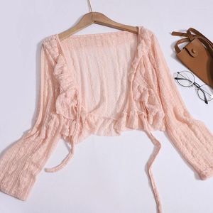 Women's Knits Sweet Flouncy Cardigan Spring/summer Knitted Short Cardigans With Ruffles Lace-up Shawl Top Long Sleeve