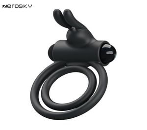 Zerosky Double Lock Male Vibrating Penis Ring Time Delay Cock Ring Male masturbation Rabbit Ear Vibrator Sex Toys for Men Y18928043229399