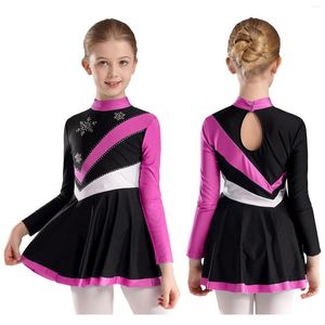 Stage Wear Kids Girls Figure Ice Skating Dress Ballet Lyrical Dance Gymnastics Leotard Tutu Rhinestone Contrast Color Long Sleeve Dancewear