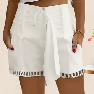 Frauen Shorts Casual Women Summer Hollow -out verstellbarer Spitzen Reißverschluss Abschluss Seitentaschen gerade schlanker fit mini