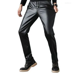 Herrbyxor man läder plus sammet smala pu byxor varma hög elastiska motorcykel manliga tjocka mager pantalons capris 40