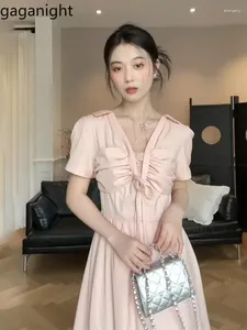 Party Dresses Gaganight Women Pink V Neck Puff Sleeve Dress 2024 Women's Summer Romantic Retro Style French Sweet Long Female