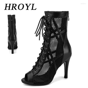 Dansskor Hroyl Ladies Latin Women Lace Up High-Top Jazz Boots Ballroom Soft-Soled Sexy Hollow Mesh Sandals