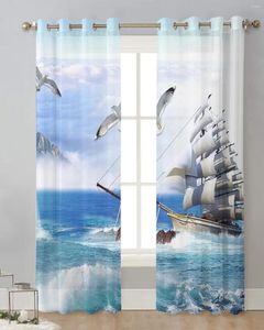 Curtain Sailing Boats Seagulls Mountains Clouds Voile Hanging Living Room Sheer Home Decor Drapes Gauze Window Panels