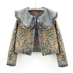 Spring Autumn Jacquard Bordado Peter Pan Collar Jacket Women Women Loose Cowboy Outerwear Jeans Casual Jeans Female 240416