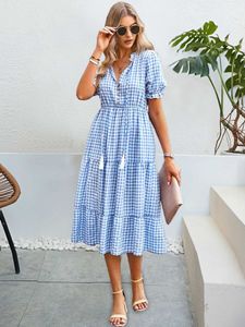 Grundläggande avslappnade klänningar Lady Chic Plaid Short Slve Summer Dress Fashion A-Line Tassel Elastic midja Ruffles Dress Female Elegant Party Dress Sundress Y240429