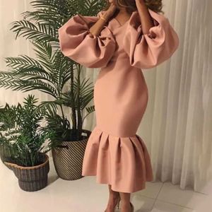 Basic Casual Dresses Plus size casual elegant womens fashionable solid color V-neck bubble long sleeved fishtail dress party evening dressL2405