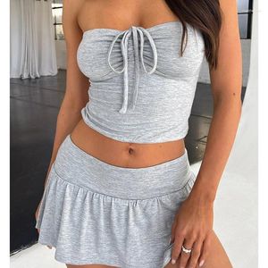 Work Dresses Women Summer Y2k Solid 2 Piece Outfits Sleeveless Backless Drawstring Crop Tops Bodycon Mini Skirts Party Club Vacation