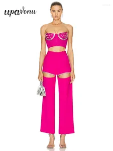 Women's Two Piece Pants Sexy Rose Red Bandage Sets Strapless Sleeveless Beaded Design Tank Top Hollow Out Straight Trousers Set
